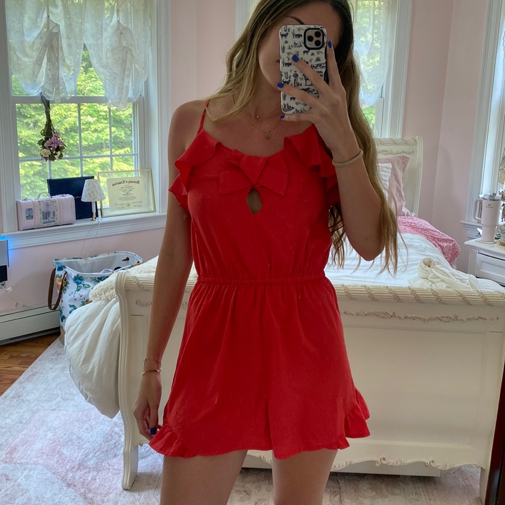 COPY - Red/Coral Flutter Romper with Front Bow and Small Keyhole Opening